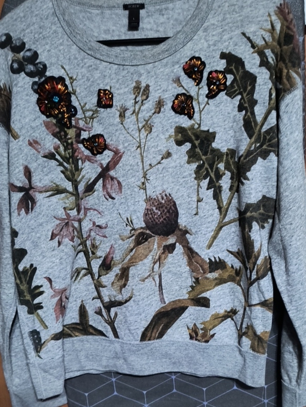 J. Crew Heather Gray Floral Sequin Crewneck Sweater